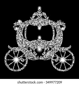 Vector illustration of brougham in baroque style with silver glittering lights, sparkles and silver dust. Vintage carriage isolated on background