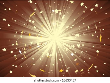 Vector illustration of brown background with light rays and burst of stars