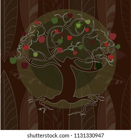 Vector illustration brown background wallpaper cloth print apple tree apples silhouette flat design dark