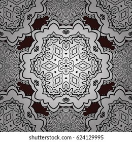 Vector illustration. Brown background with white elements. Seamless white textured curls. Vector white pattern. Oriental style arabesques.