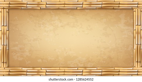 Vector illustration of brown bamboo rectangle stem frame. Art design blank mockup template. Rope, old paper, canvas. Concept of tropical billboard, banner, menu. Empty copy space, place for text.