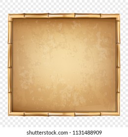 Vector illustration of brown bamboo stick border isolated on transparent background. Art design blank mockup template. Rope, paper, canvas. Abstract concept tropical signboard. Empty place for text