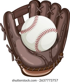 Vector illustration of a brown baseball glove holding a white ball. Detailed stitching and shading enhance the realistic appearance