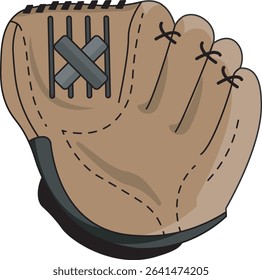 Vector illustration of a brown baseball glove with stitching detail. Ideal for sports-themed graphics, icons, or equipment sets in athletic designs.