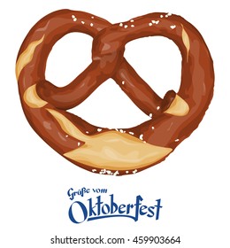 vector illustration of an brown bavarian pretzel isolated on white background and text greetings from Oktoberfest (in german)
