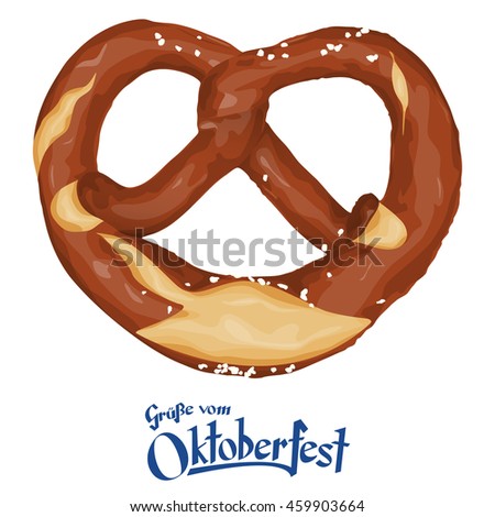 vector illustration of an brown bavarian pretzel isolated on white background and text greetings from Oktoberfest (in german)
