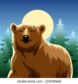 vector illustration of brown bear against pine forest