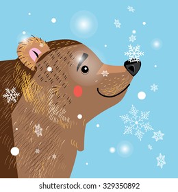 Vector illustration of a brown bear among the snowflakes