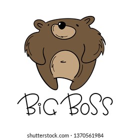 Vector illustration of a brown bear. big boss. Hand drawn, cartoon, Doodle styles