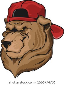 Vector illustration of a brown bear head with a red cap on its head, on a white background