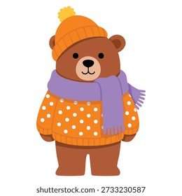 Ilustración vectorial de oso marrón en suéter de lunares estilo infantil ideal para libros infantiles ilustraciones de dibujos animados tarjetas de felicitación y temas de diseño juguetón