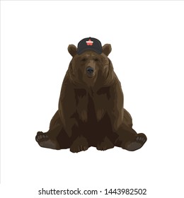 Vector Illustration the brown bear vector realistic is sitting wearing a hat animal wild pet - vector