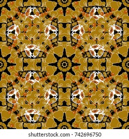 Vector illustration. Vector brown, black and white simple mandala optical illusion, psychedelic trippy abstract seamless pattern texture.