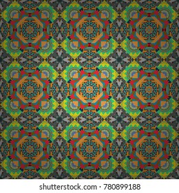Vector illustration. Vector brown, blue and green simple mandala optical illusion, psychedelic trippy abstract seamless pattern texture.