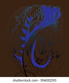 Vector illustration of brown & blue hand drawn graphic pattern / background. Face, lines, distressed, distorted, grunge image. Doodle.