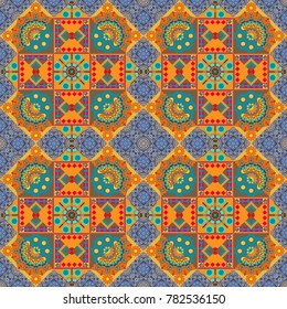 Vector illustration. Brown, blue and orange abstract background painted geometry shine and layer element seamless pattern.