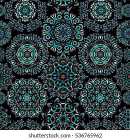 Vector illustration. Brown, blue and red Christmas frame with abstract snowflakes and dots on black background.