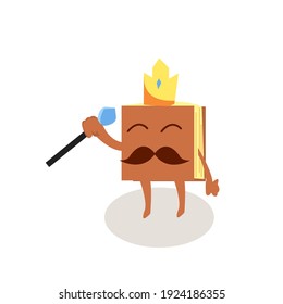 Vector Illustration Of Brown Book With Gold King Crown And 
Diamond Stick. For Education, Book Mascot, World Book Day Concept, Kid Education. Flat Cartoon, Flat Design, Flat Color, Character