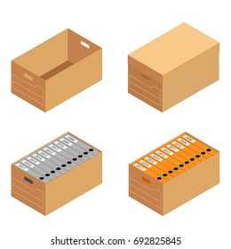 Vector illustration brown box with documents. Cardboard box set, collection for archive.