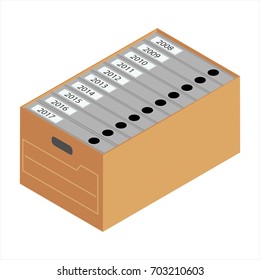 Vector illustration brown box with documents. Cardboard box for archive.