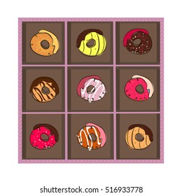 vector illustration brown box full of colorful tasty donuts decorated with various glazing on a light background
