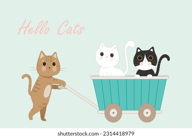 vector illustration  brown cat carries   green cart and  white and  black cat inside with pink hello cats  texts 