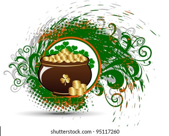 Vector illustration of brown cauldron with gold coins and  clover leaves on  back of it with green orange splash background for St. Patrick's Day.