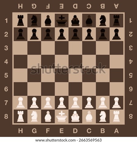 Vector illustration of a brown chessboard with labeled coordinates and all chess pieces placed in their standard starting positions. Perfect for chess-related designs, educational materials, strategy 