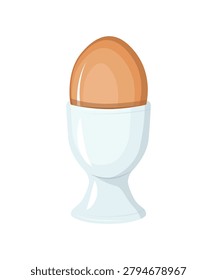 Vector illustration of a brown chicken egg in a white ceramic holder. Boiled egg in a porcelain eggcup stand isolated on a white background.