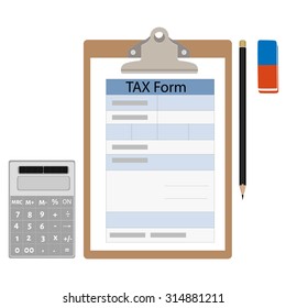 Vector illustration brown clipboard with income tax form, pencil, eraser and calculator. Federal income tax form. Tax return