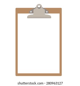 Vector illustration of brown clipboard with white, empty paper. Clipboard icon