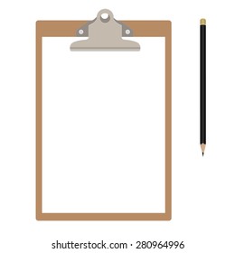 Vector illustration of brown clipboard with white, empty paper and pencil. Clipboard icon