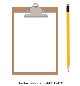 Vector illustration of brown clipboard with white, empty paper and pencil. Clipboard icon