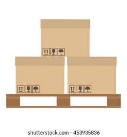 Vector illustration brown closed carton delivery packaging boxes with fragile signs on wooden pallet isolated on white background.