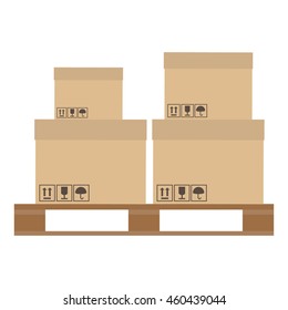 Vector illustration brown closed carton delivery packaging boxes with fragile signs on wooden pallet isolated on white background.