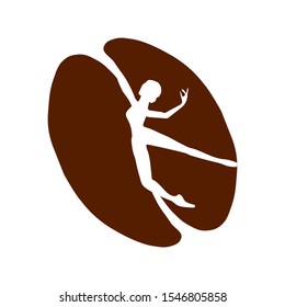 Vector illustration brown coffee bean with white silhouette of girl, woman, ballerina. Acrobatic, ballet, cafe icon, logo