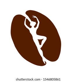 Vector illustration brown coffee bean with white silhouette of girl, woman, ballerina. Acrobatic, ballet, cafe icon, logo