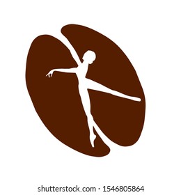 Vector illustration brown coffee bean with white silhouette of girl, woman, ballerina. Acrobatic, ballet, cafe icon, logo