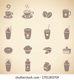 Vector Illustration of Brown Coffee and Breakfast Icons on a Beige Background