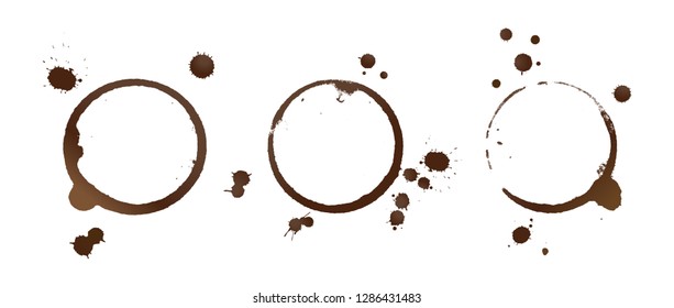 Vector illustration of brown coffee cup or mug stain rings and drops isolated on white background