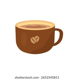 Vector illustratie van een bruin koffiekopje met warme drank en koffieboon icoon, perfect voor café branding, menu ontwerpen, voedsel blogs, en koffie-gerelateerde print of digitale projecten.