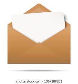 vector illustration with brown colored envelope with white empty paper isolated on white background