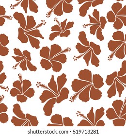 Vector illustration in brown colors on a white background. Seamless tropical flower, hibiscus pattern.
