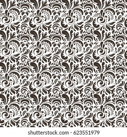 Vector illustration. Brown damask paisley wallpaper. Seamless background, grunge style.