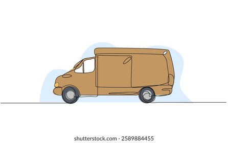 Vector illustration of a brown delivery van car. Modern flat in continuous line style.