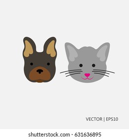 Vector illustration. Brown dog and gray cat. Cat with pink nose. Best friends. Sketch. Drawing for children. Flat icon