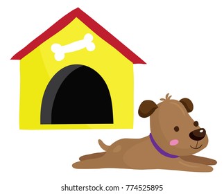 Vector illustration of brown dog outside yellow dog house isolated on white background