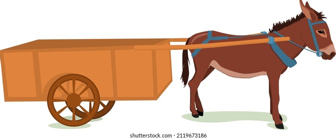 vector illustration of a brown donkey harnessed to a wooden cart, isolated on a white background