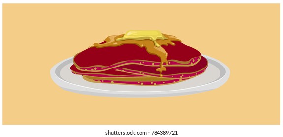 vector illustration brown fried pancakes with honey and butter lying on a gray plate on a beige background.