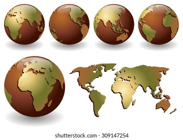 Vector illustration of brown globes with earth tones continents